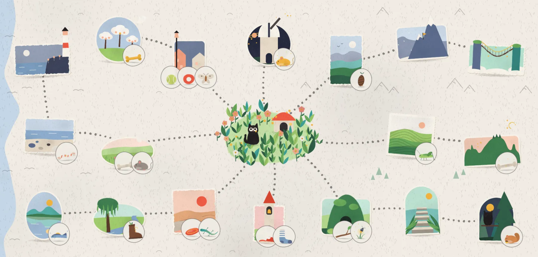 The world map, with the places found so far and stickers of what was caught there.